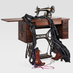 Singer sewing machine, boots, leather, ribbon
